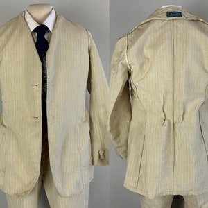 1920s Belted Back Suit Vintage 20s Antique Oatmeal and White Pinstripe Peak Lapel Tunnel Loops Jacket & Pants Dated 1929 Size 34 Small image 9