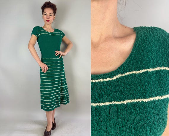 1940s Starlet in Starlight Spearmint Stripes Knit Dress | Vintage 40s Green & White Boucle Wool Knitwear Striped Frock | Small Medium Large