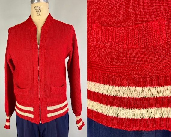 1940s Cool and Casual Cardigan | Vintage 40s Red and White Stripes Wool Knit Two-Tone Zip Up Sweater with Pockets | Large Extra Large XL