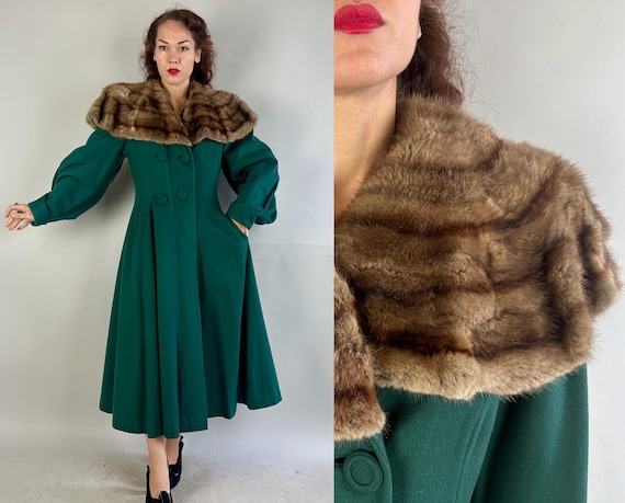 1940s Envy Worthy Princess Coat | Vintage 40s Forest Green Wool Double Breasted Overcoat Capelet Fur Collar & Balloon Sleeves | Small Medium