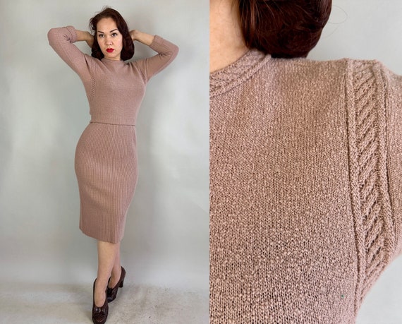 1940s Saucy Sandy Knit Dress Ensemble | Vintage 40s Two Piece Sand Beige Boucle Wool Knit Sweater and Skirt with Cabling | Small Medium