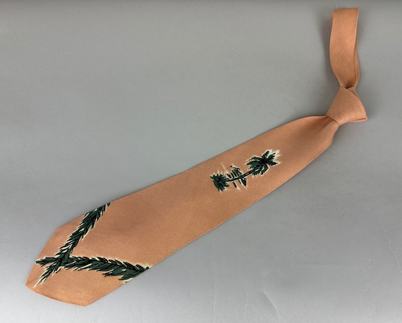 1940s “Palm Island” Necktie | Vintage 40s Dusty Rose Pink Silk Crepe Self Tie Cravat with Green Palm Trees