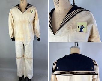 1904 Anchors Away Sailor Suit | Vintage 1900s Antique White Cotton Twill & Navy Blue Wool Two Piece Cracker Jack Set Pants and Top | Medium