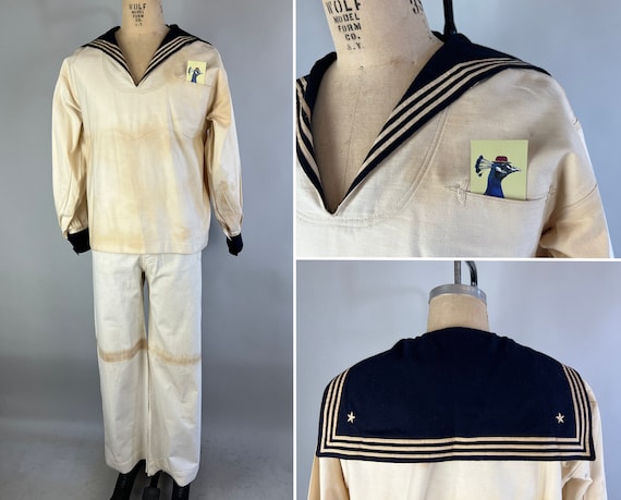 1904 Anchors Away Sailor Suit | Vintage 1900s Antique White Cotton Twill & Navy Blue Wool Two Piece Cracker Jack Set Pants and Top | Medium