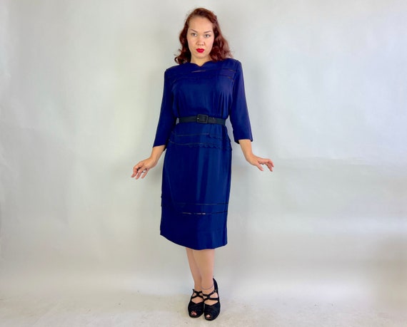 1940s Scalloped Soiree Dress | Vintage 40s Navy B… - image 2