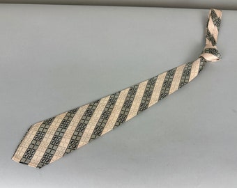 1930s How About a Game of Chess Necktie | Vintage 30 Pink and Silver Silk Self Tie Cravat with Diagonal Stripes and Novelty Game Pieces