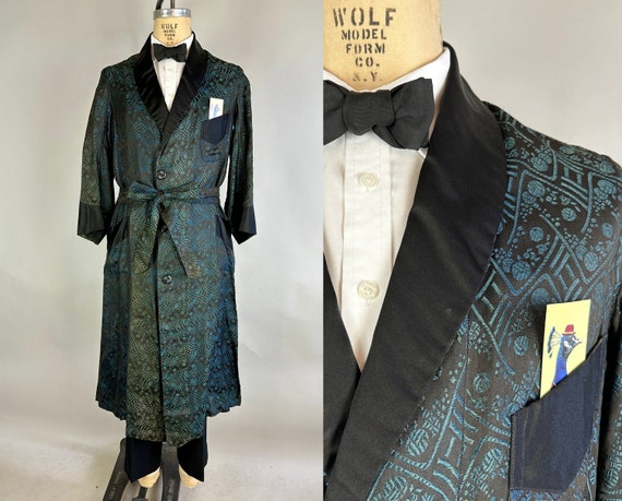 1910s Nouveau Dandy Dressing Gown | Vintage Antique Black Silk and Shimmering Teal Blue Arts & Crafts Jacquard Lounge Robe | Small/Medium