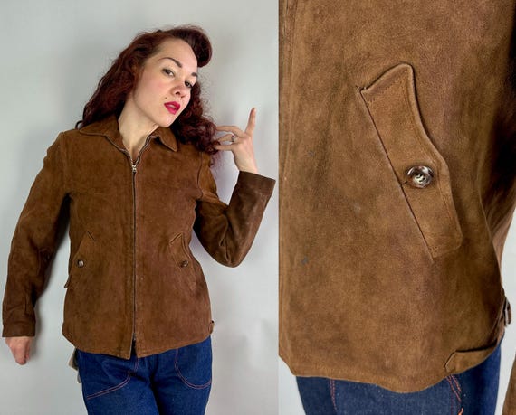 1930s Smooth Rider in Suede Jacket | Vintage 30s Brown Leather Casual Coat with Side Buckles and Peaked Pockets | Small Medium