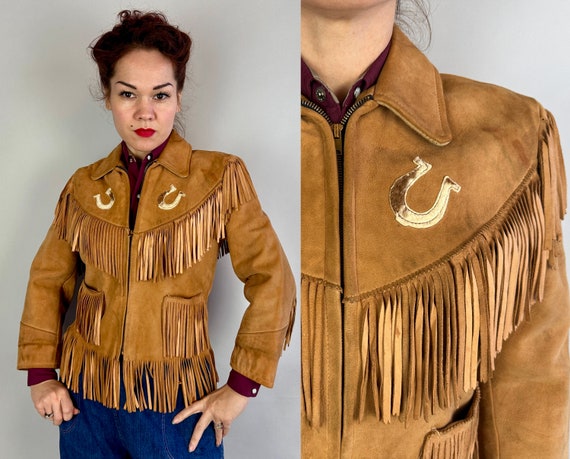 1940s Cowgirl Cutie Jacket | Vintage 40s Camel Brown Leather Suede Fringe Western Short Coat with Cow Hair Horseshoes | Extra Small XS