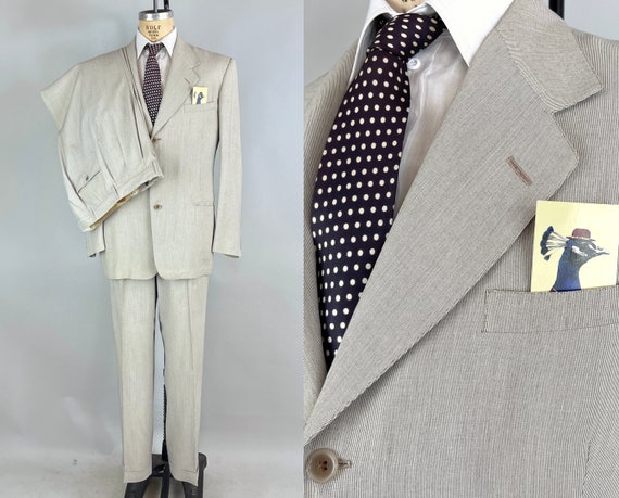 1950s Double the Fun Suit | Vintage 50s White and Grey Wool Two-Piece Set + Extra Trousers! Jacket, Pants, Pants! | Size 40/42 Medium/Large