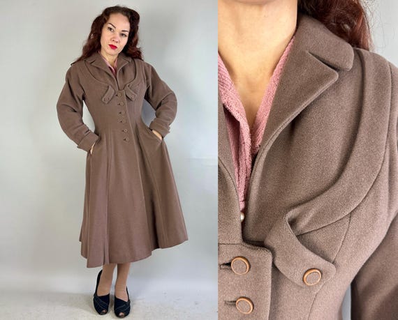 1940s Fabulous Fitted Princess Coat | Vintage 40s Taupe Brown Wool and Rabbit Hair Nipped Waist Full Skirt Overcoat Jacket | Small Medium