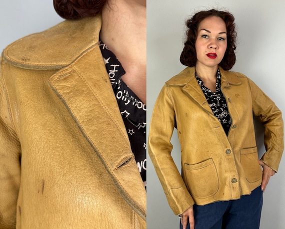 1930s Rustic Rebel Jacket | Vintage 30s Yellow Deerskin Leather Western Rancher Coat with Patch Pockets and Antler Buttons | Small Medium