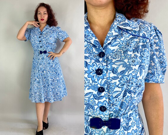 1930s Blossom in Blue Frock | Vintage 30s Blue and White Floral Print Cotton Faux Button Up Dress with Puff Sleeves & Belt | Extra Large XL