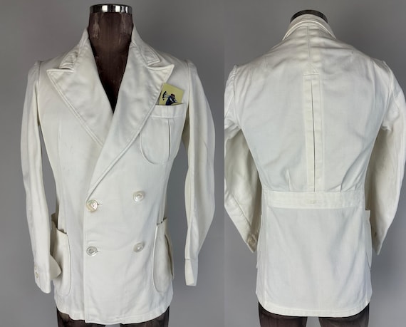 1930s Tasteful Tropical Blazer | Vintage 30s White Cotton Twill Belted Back Double Breasted Jacket Sport Coat w/Box Pleats | Size 34 Small