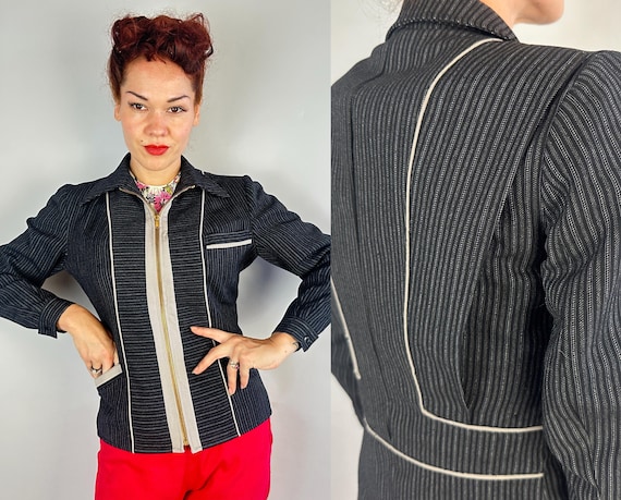 1940s Sassy in Stripes Jacket | Vintage 40s Black and Variety Striped Grey Wool Zip Up Coat w/Belted Action Back and Pockets | Small Medium