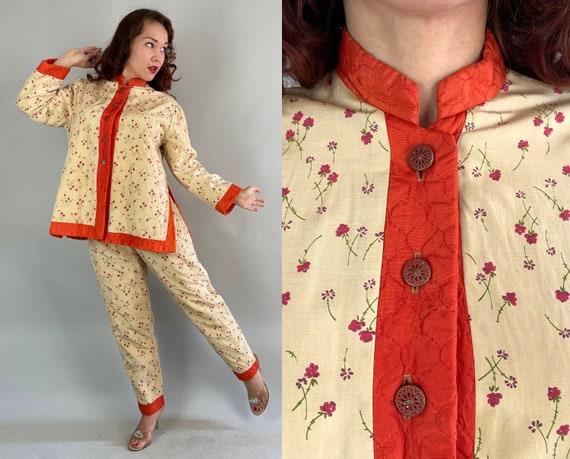 1950s Catherine's Cozy Cute Lounge Set | Vintage 50s Quilted Ivory Rayon Pink Orange and Green Floral Two Piece Jacket and Pants | Medium