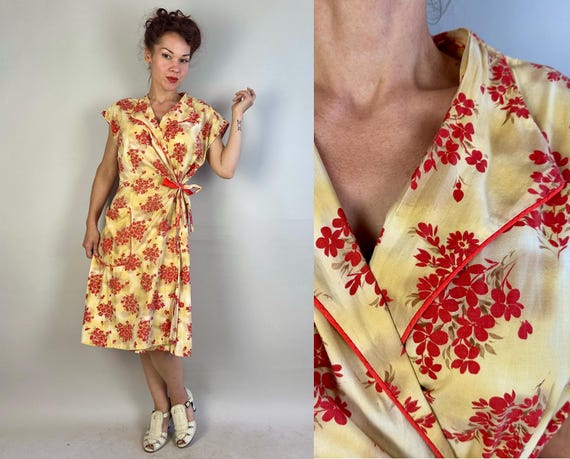 1940s Boutonniere Blessings Wrap Dress | Vintage 40s Red Coral Yellow and Brown Floral Print Cotton Day House Frock | Medium Large XL