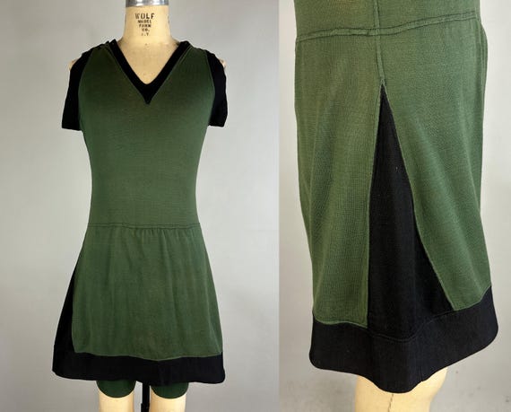 1920s Swim Through the Seaweed Swimsuit | Antique Vintage 20s Green and Black Wool Jersey Knit One Piece Bathing Suit | Large Extra Large XL