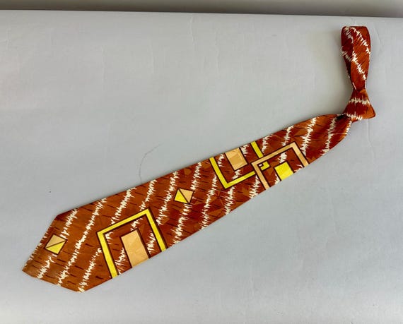 1940s Cool in Copper Necktie | Vintage 40s Shiny Brown Yellow Peach & White Rayon Satin Self Tie with Geometric Squares and Diamonds