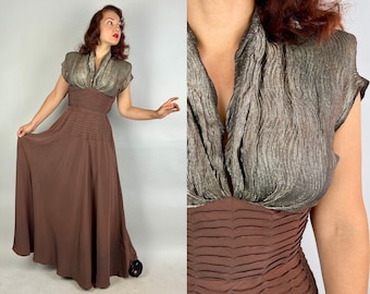 1940s Bronze Goddess Gown | Vintage 40s Gold Lamé and Brown Rayon Crepe Evening Full Length Dress with Scallops and Shoulder Pads | Small