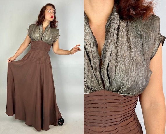 1940s Bronze Goddess Gown | Vintage 40s Gold Lamé and Brown Rayon Crepe Evening Full Length Dress with Scallops and Shoulder Pads | Small