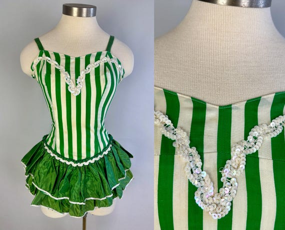 1950s Queen of the Circus Playsuit | Vintage 50s Green and White Striped Showgirl Costume w/ Sequins & Ruffles | Extra Small XS Small Medium
