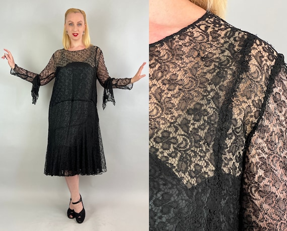 1920s Darkly Deco Dress | Vintage 20s Black Lace Frock with Pointed Dangling Accents, Full Lining and Nude Illusion Yoke | Extra Large XL