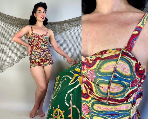 1950s Paradise in Paisley Bathing Suit | Vintage 50s Blue Red Yellow Pink and Green Cotton Swimsuit with Shirring & Pleats | Medium Large XL