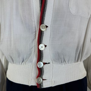 1950s Casual Chic Cardigan Vintage 50s White Lightweight Cotton and Grey and Red Wool Knit Button Up Sweater by Rugger Large image 4