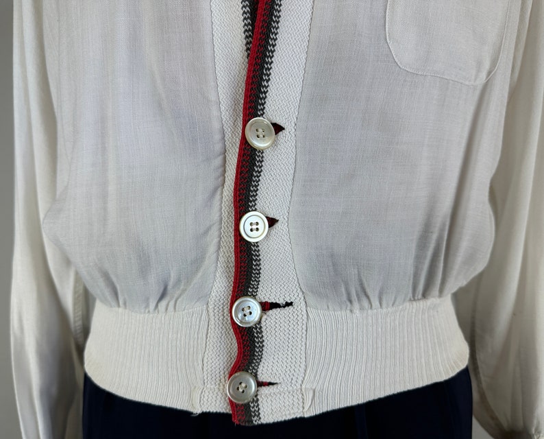 1950s Casual Chic Cardigan Vintage 50s White Lightweight Cotton and Grey and Red Wool Knit Button Up Sweater by Rugger Large image 4
