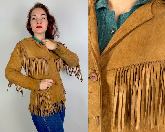 1940s Cowgirl Cutie Jacket | Vintage 40s Camel Brown Suede Fringe Western Button Up Short Coat w/ Pockets and Scallops | Small Medium