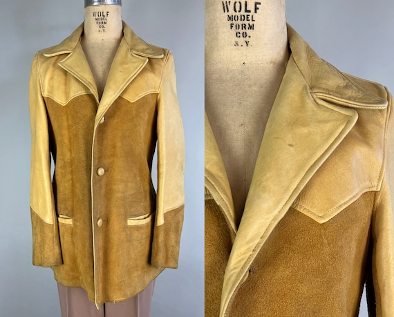 1940s Jerry's Jaunty Jacket | Vintage 40s Butter and Goldenrod Yellow Suede and Leather Belted Action Back Coat Western Yoke | Medium/Large