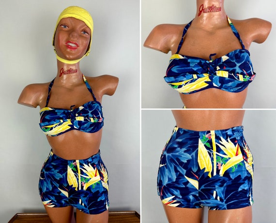 1940s "Miss Hawaii"  Bikini | Vintage 40s Blue Yellow Red Abstract Tropical Floral Cotton Tiki Two-Piece Bathing Suit | Extra Small XS Small