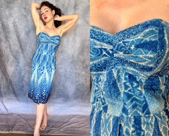 1950s Azure Palms Paradise Dress | Vintage 50s Strapless Cotton Hawaiian Wrap Dress with Blue Tiki Print and Ruched Details | Large