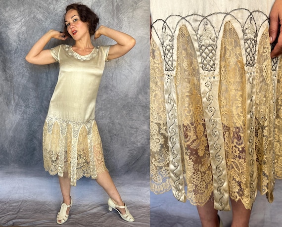 1920s Bevy of Beauty Dress | Antique Vintage 20s White Silk and Ecru Lace Flapper Frock with Beads Rhinestones and Draped Tendrils | Small