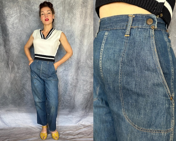 1950s Artist's Dream Dungarees | Vintage 50s Blue Denim Side Zip Work Jeans with Paint Splatters and Adjustable Snap Waist | XS Small