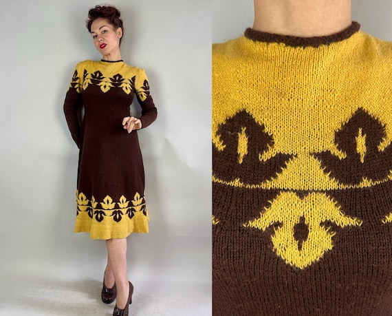 1940s Mirrored Mirage Knit Dress | Vintage 40s Yellow and Brown Color Block Wool Sweater Frock w/Full Skirt & Floral Pattern | Small Medium