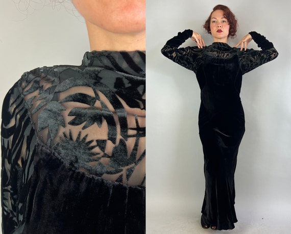1930s Velvet Vamp Gown | Vintage 30s Black Silk Burnout Devore Velvet Deco Bias Cut Evening Dress Low Back & Dolman Sleeves | Medium