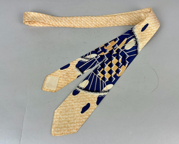 1950s “Bahama Straws” Necktie | Vintage 50s Rayon Peach White and Blue Modernistic Sunset on Sand Scene Self Tie Cravat