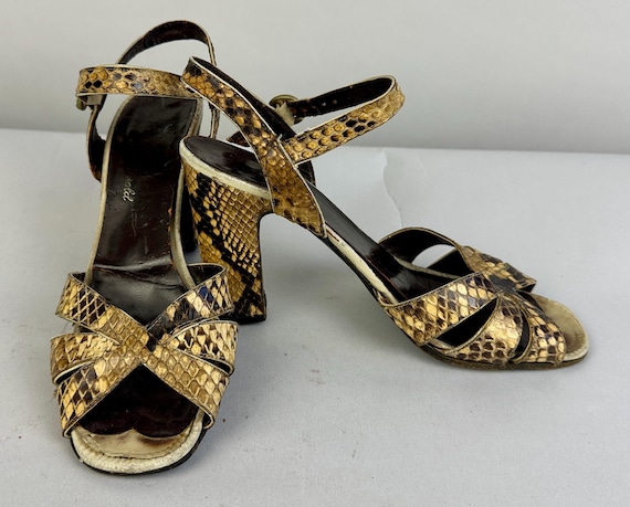1960s Sexy Slither Sandals | Vintage 60s Beige and Brown Snakeskin Leather Open Toe High Heel Strappy Vamp Shoes | Size US 7