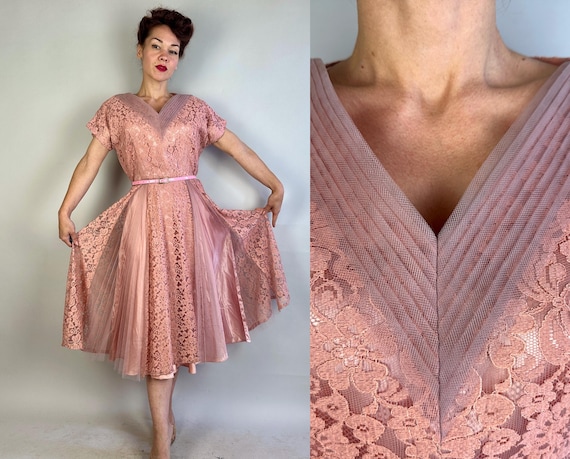 1950s Cotton Candy Cutie Dress | Vintage 50s Pink Lace and Purple Pleated Tulle Accents Party Frock with Satin Lining | Extra Large XL