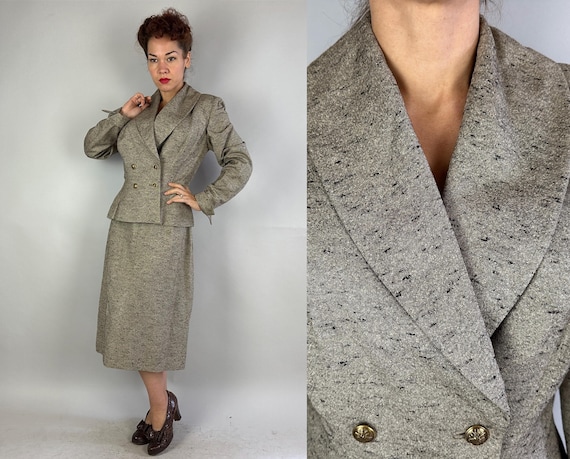 1950s Static Stripe "Lilli Ann" Suit | Vintage 50s Mottled Grey with Black Slubby Flecks Wool Two Piece Jacket and Skirt Ensemble | Medium