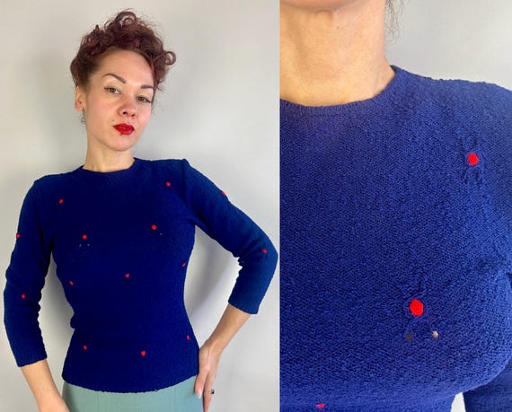 1940s Web of Lies Sweater | Vintage 40s Blue Boucle Wool Knit Shirt Top with Red Embroidered Black Widow Spiders | Small Medium Large