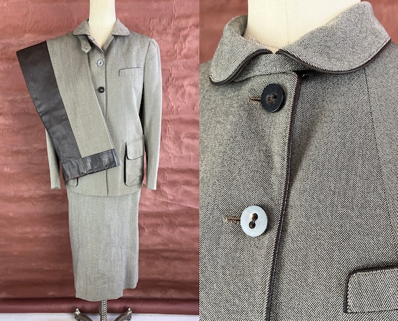 1950s Jaunty Janet's Riding Ensemble | Vintage 50s 3-Piece Wool & Leather Jacket Skirt and Jodhpurs Pants Habit Dated 1956! | Extra Small XS