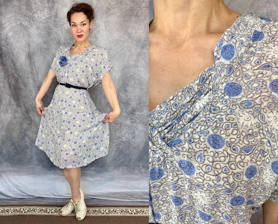 1940s Sweetheart Swirls Dress | Vintage 40s Blue Grey and Black Rayon Chiffon Swirly Vines and Heart Flowers Print Frock | Extra Large XL