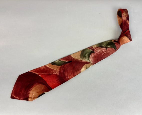 1930s Painter's Palette Necktie | Vintage 30s Earth Tones Red Brown and Green Curved Brush Strokes Silk  Taffeta Self Tie Cravat