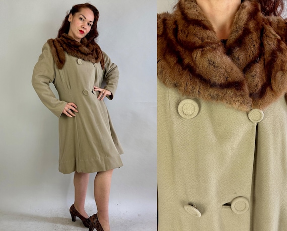 1940s Bundled Betsey Coat | Vintage 40s Grey Taupe Wool Doubel Breasted Winter Jacket with Brown Striped Fur Yoke | Large Extra Large XL