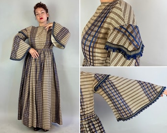 1800s Dickens Dream Dress | Victorian Vintage Antique Brown Plaid with Blue Silk Accents Frock w/ Pagoda Bell Sleeves | Large/Extra Large XL