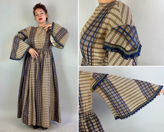 1800s Dickens Dream Dress | Victorian Vintage Antique Brown Plaid with Blue Silk Accents Frock w/ Pagoda Bell Sleeves | Large/Extra Large XL