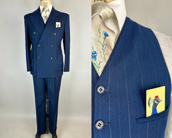 1940s Midnight Marauder Suit | Vintage 40s Midnight Blue Wool Twill w/ Teal Chalk Stripes Three-Piece Set Jacket Vest Pants | Size 38 Medium